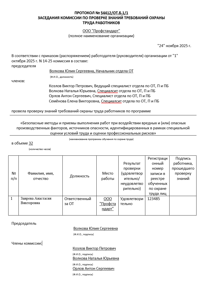 Структура протокола: состав комиссии, список слушателей, результаты проверки, номера реестра, поля для подписей