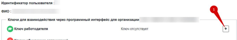 Раздел «Ключи для взаимодействия через программный интерфейс»: кнопка «Плюс» напротив строки «Ключ работодателя»