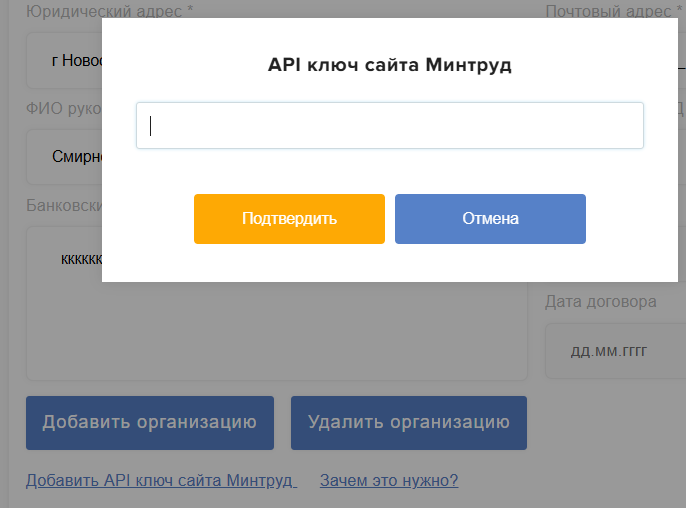 Окно «API ключ сайта Минтруд» на платформе: поле для вставки ключа и кнопка «Подтвердить»