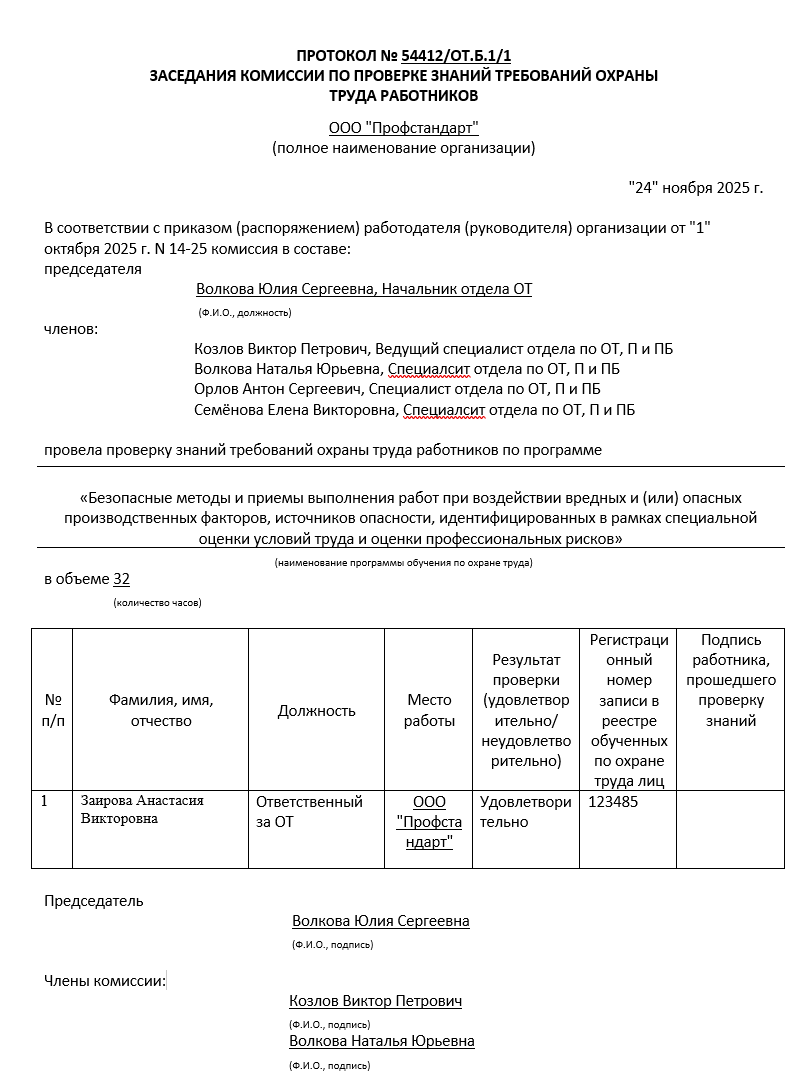 Пример готового протокола заседания комиссии по проверке знаний требований охраны труда с составом комиссии, списком работников и результатами проверки