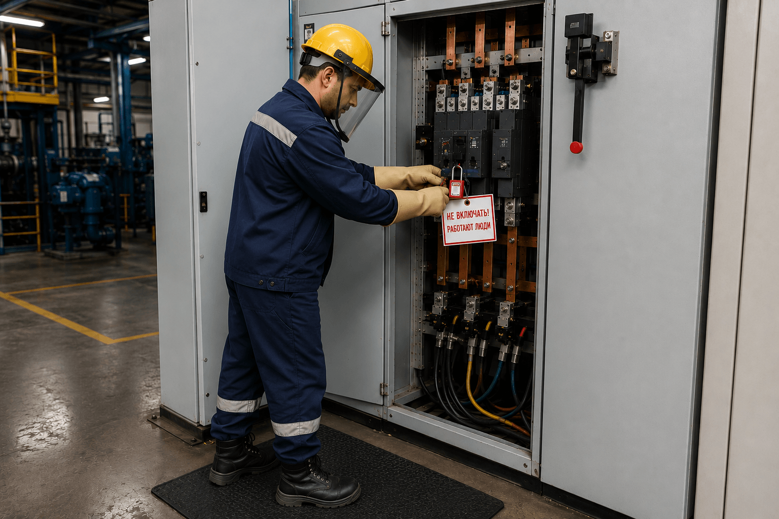 Электромонтёр в полном arc flash снаряжении — костюм категории 2, маска-щиток, диэлектрические перчатки — работает у обесточенной панели с блокировочным замком (БИОЭ)