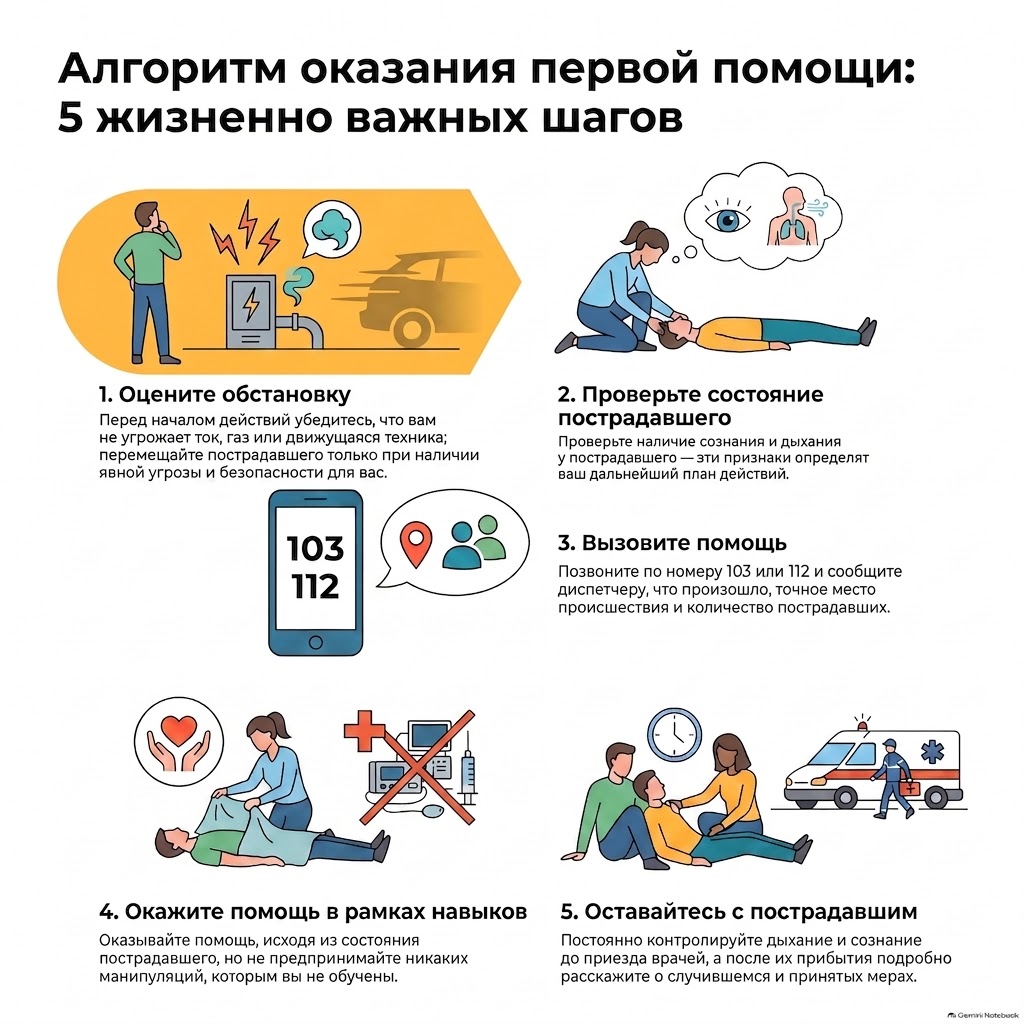 Алгоритм оказания первой помощи, 5 шагов: оцените обстановку, проверьте состояние пострадавшего, вызовите помощь по номеру 103 или 112, окажите помощь в рамках навыков, оставайтесь с пострадавшим