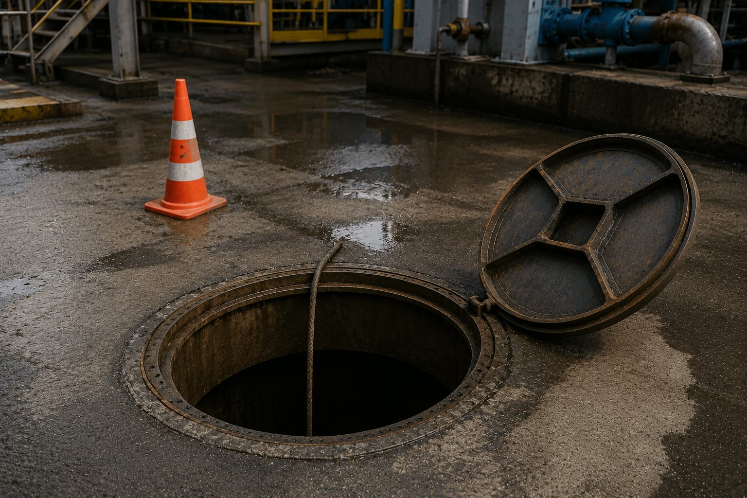 Открытый промышленный люк с одним конусом на мокром бетоне — рабочего нет, крышка отброшена в сторону