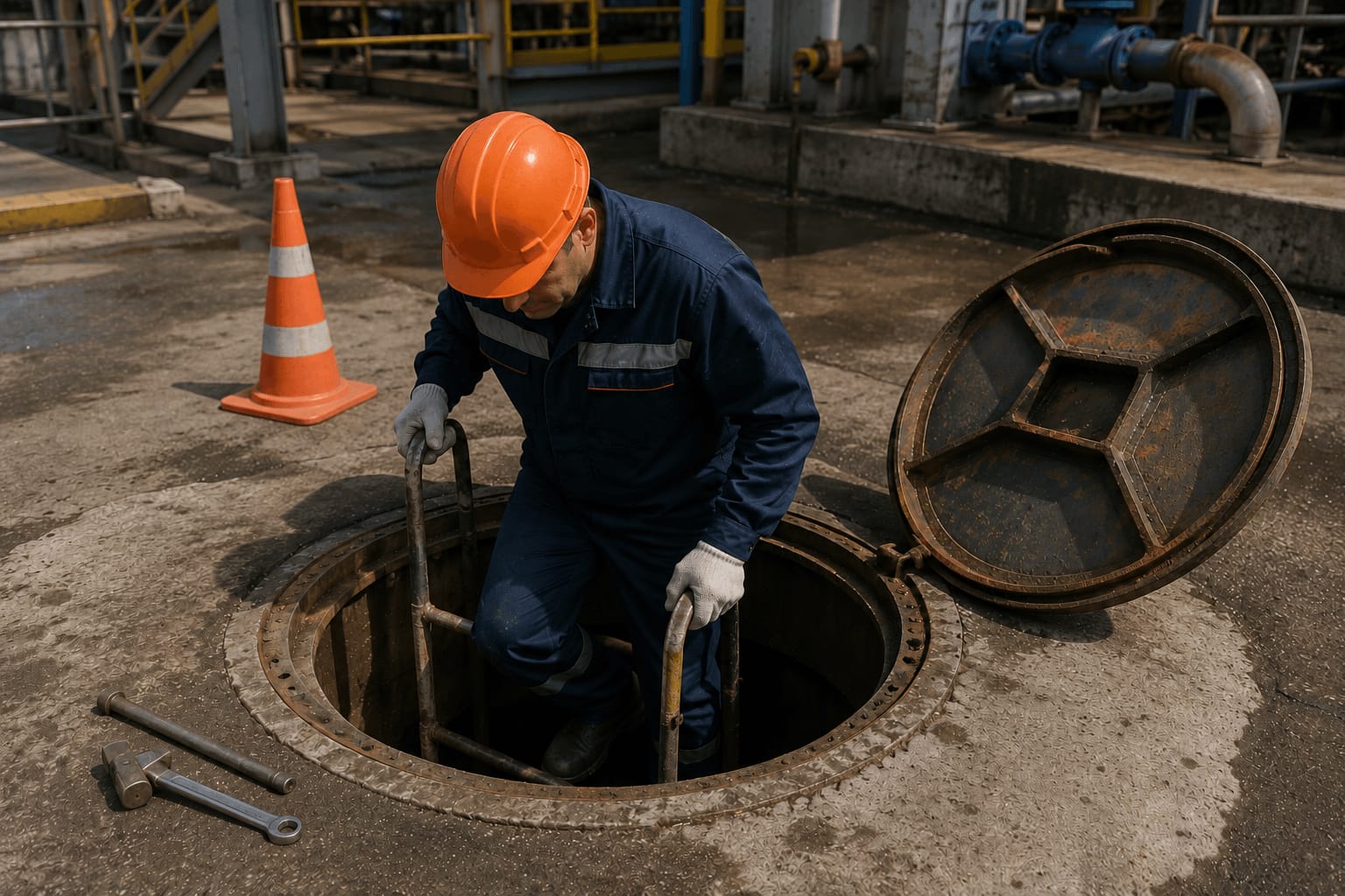 Слесарь в оранжевой каске спускается в открытый люк в одиночку — без газоанализатора, без страховочной привязи