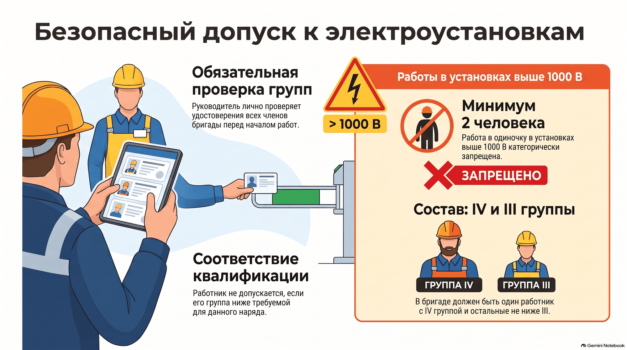 Безопасный допуск к электроустановкам: обязательная проверка групп и соответствие квалификации при выдаче наряда-допуска; работы в установках выше 1000 В — минимум 2 человека, работа в одиночку запрещена, состав бригады — группа IV и группа III