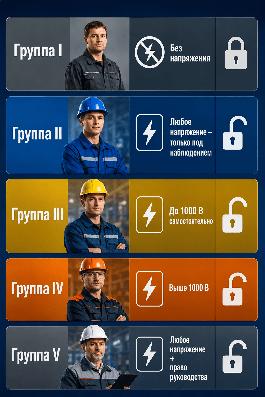 Таблица групп допуска по электробезопасности I–V: иконки, уровень напряжения, права