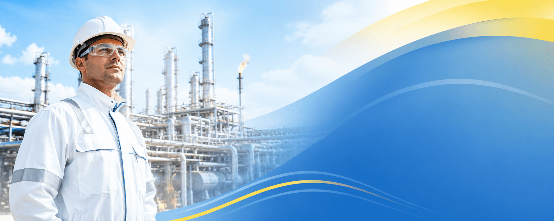 Нефтеперерабатывающая установка: трубопроводы, факел, рабочий в защитном костюме