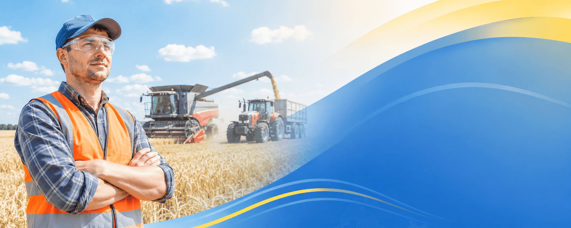 Поле с комбайном в полдень, агроном с планшетом на переднем плане