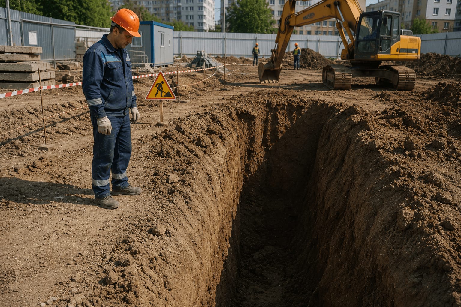 Рабочий в синей спецодежде и оранжевой каске стоит у края незакреплённой траншеи и смотрит вниз — стенки без крепления, экскаватор на фоне