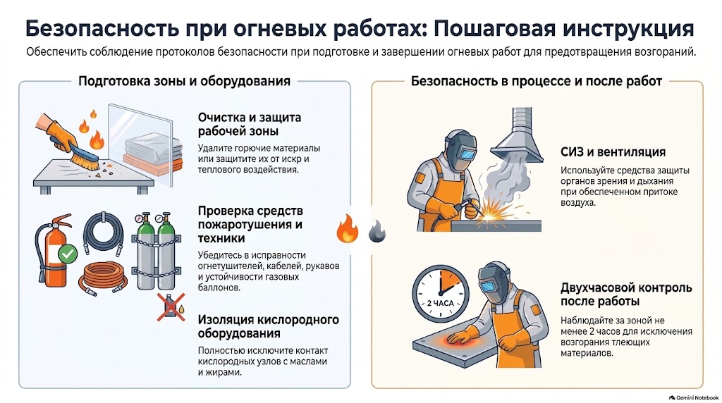 Безопасность при огневых работах: подготовка зоны и оборудования — очистка и защита рабочей зоны, проверка средств пожаротушения и техники, изоляция кислородного оборудования; безопасность в процессе и после работ — СИЗ и вентиляция, двухчасовой контроль после работы