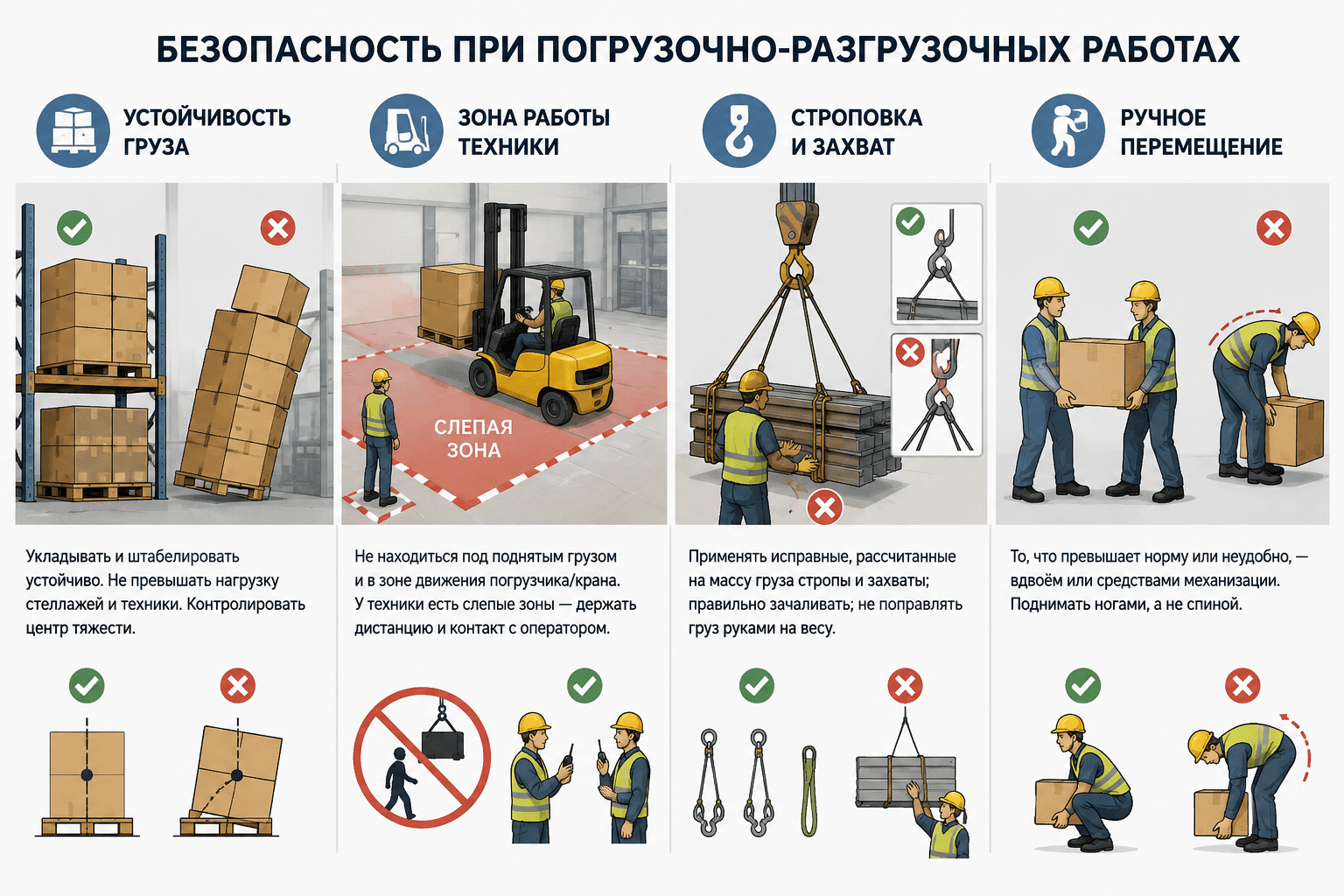 Безопасность при погрузочно-разгрузочных работах: устойчивость груза, зона работы техники (слепая зона), строповка и захват, ручное перемещение — примеры верно/неверно