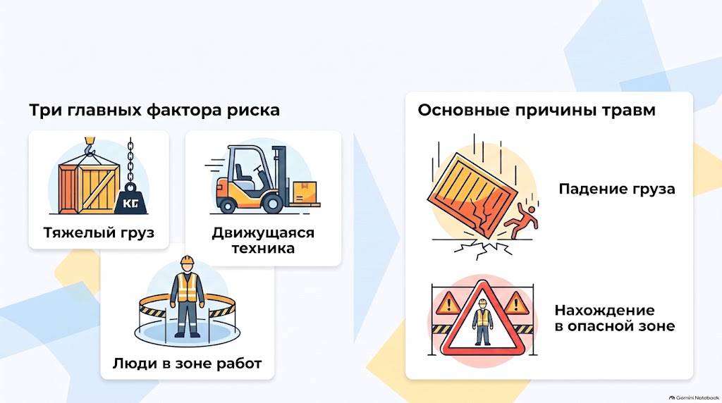Три главных фактора риска: тяжёлый груз, движущаяся техника, люди в зоне работ; основные причины травм: падение груза, нахождение в опасной зоне