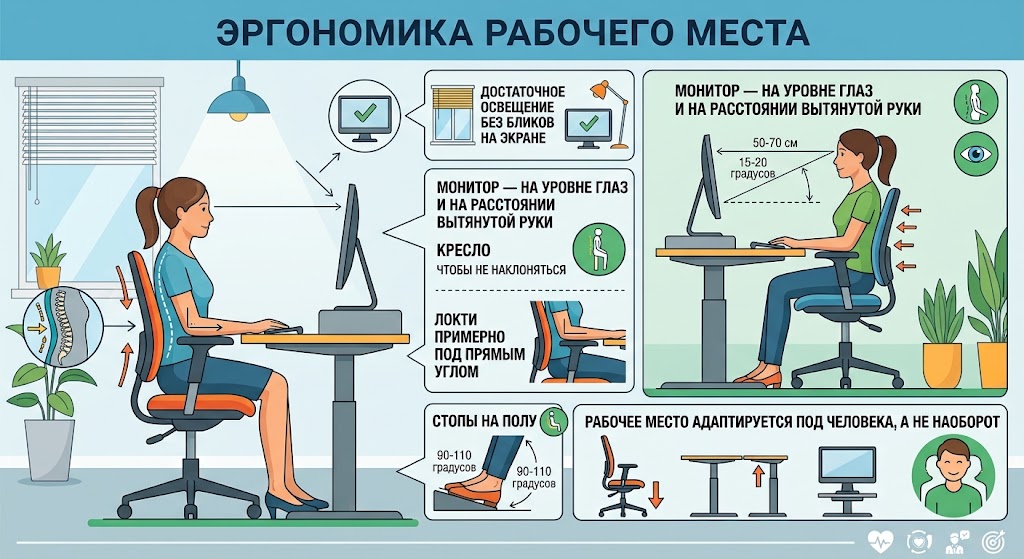 Эргономика рабочего места: достаточное освещение без бликов, монитор на уровне глаз и на расстоянии вытянутой руки, кресло чтобы не наклоняться, локти примерно под прямым углом, стопы на полу; рабочее место адаптируется под человека, а не наоборот