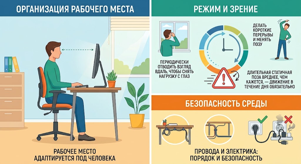 Организация рабочего места: рабочее место адаптируется под человека; режим и зрение — периодически отводить взгляд вдаль, делать короткие перерывы и менять позу; безопасность среды — провода и электрика, порядок и безопасность