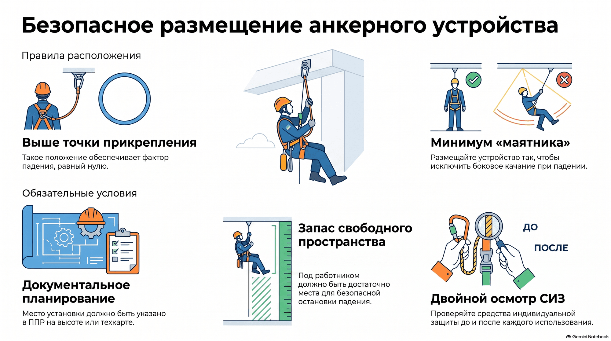 Безопасное размещение анкерного устройства: выше точки прикрепления, минимум маятника, запас свободного пространства под работником, документальное планирование места установки, двойной осмотр СИЗ