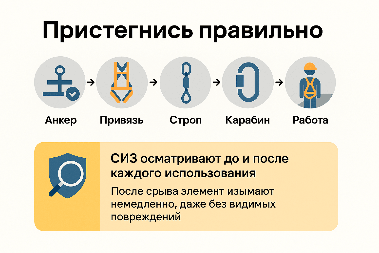 Пристегнись правильно: анкер, привязь, строп, карабин, работа — СИЗ осматривают до и после каждого использования, после срыва элемент изымают немедленно