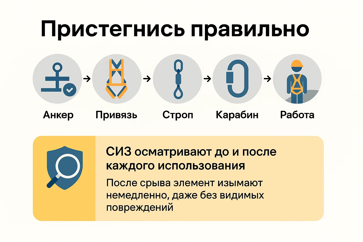 Схема правильного закрепления: анкер, привязь, строп, карабин, работа; СИЗ осматривают до и после каждого использования