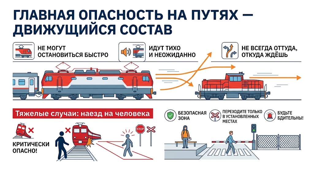 Главная опасность на путях — движущийся состав: не могут остановиться быстро, идут тихо и неожиданно, не всегда оттуда откуда ждёшь; тяжёлые случаи — наезд на человека; безопасная зона, переходите только в установленных местах, будьте бдительны