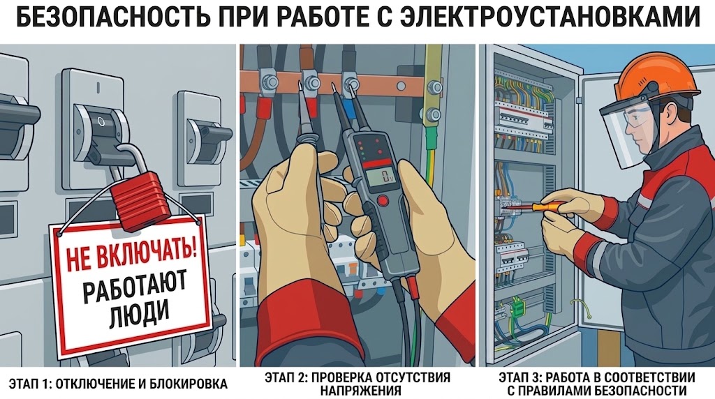 Безопасность при работе с электроустановками: этап 1 — отключение и блокировка (плакат «Не включать — работают люди»), этап 2 — проверка отсутствия напряжения указателем, этап 3 — работа в соответствии с правилами безопасности