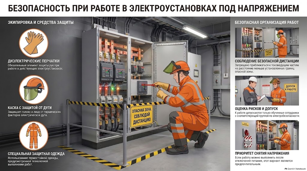 Безопасность при работе в электроустановках под напряжением: диэлектрические перчатки, каска с защитой от дуги, специальная защитная одежда; соблюдение безопасной дистанции, оценка рисков и допуск, приоритет снятия напряжения
