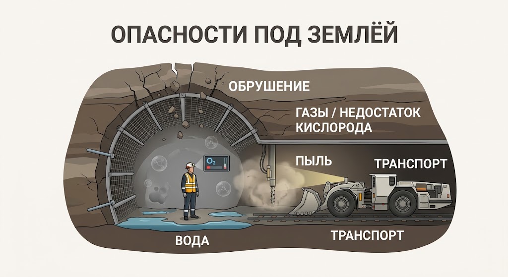 Опасности под землёй: обрушение, газы и недостаток кислорода, пыль, транспорт, вода