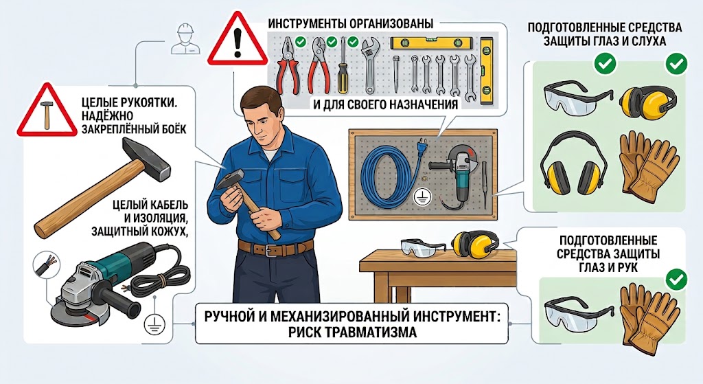 Ручной и механизированный инструмент — как надо: целые рукоятки и надёжно закреплённый боёк, целый кабель и изоляция, защитный кожух, инструменты организованы и используются по назначению, подготовлены средства защиты глаз, слуха и рук