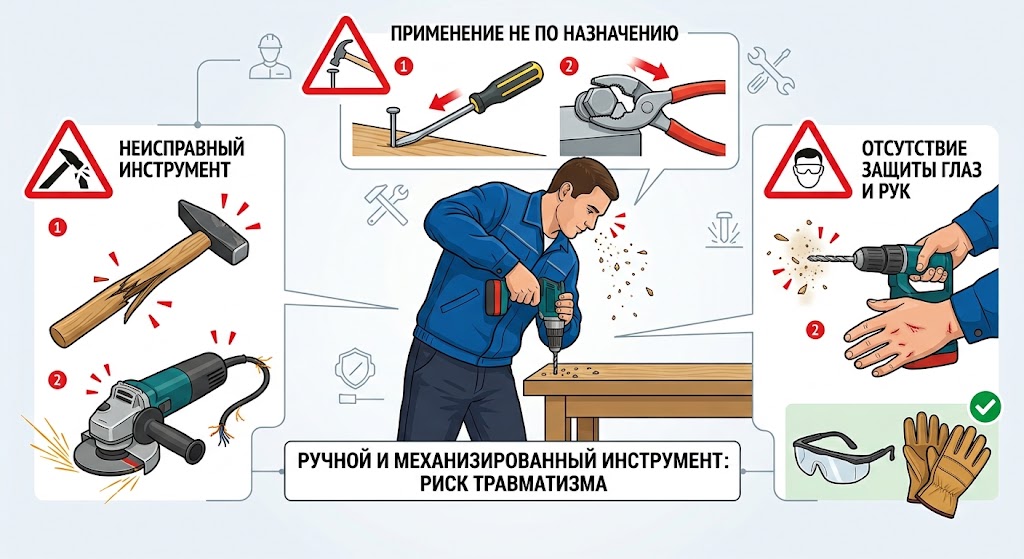 Ручной и механизированный инструмент: риск травматизма — неисправный инструмент, применение не по назначению, отсутствие защиты глаз и рук
