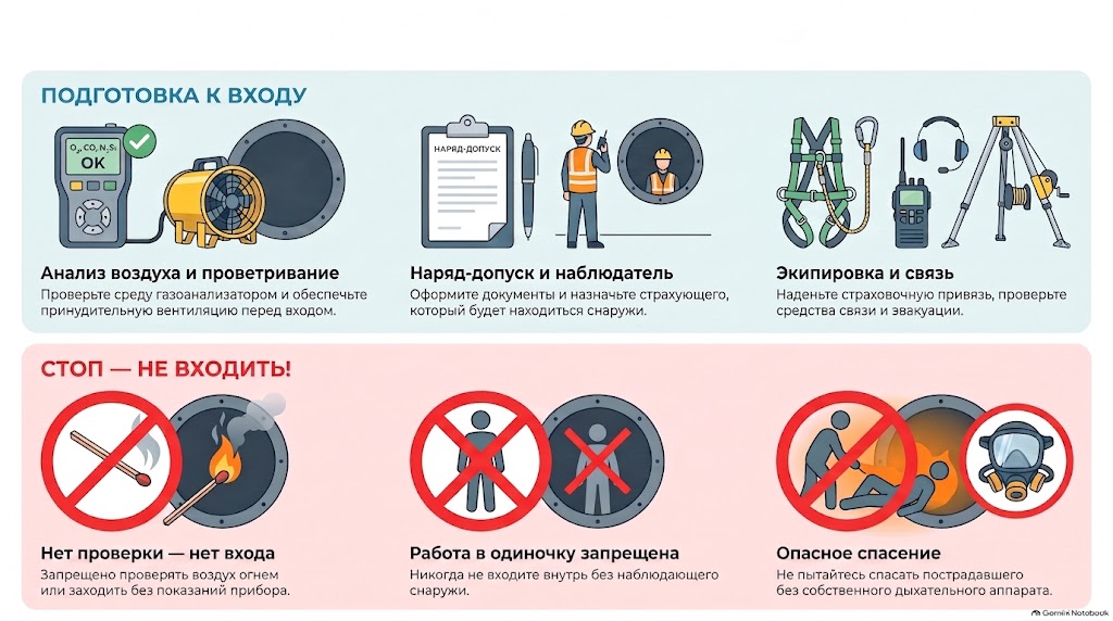 Подготовка к входу в замкнутое пространство: анализ воздуха и проветривание, наряд-допуск и наблюдатель, экипировка и связь; стоп — не входить: нет проверки — нет входа, работа в одиночку запрещена, опасное спасение без дыхательного аппарата