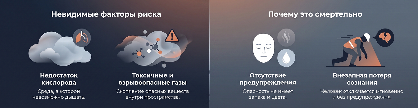 Невидимые факторы риска: недостаток кислорода, токсичные и взрывоопасные газы; почему это смертельно: отсутствие предупреждения (нет запаха и цвета), внезапная потеря сознания