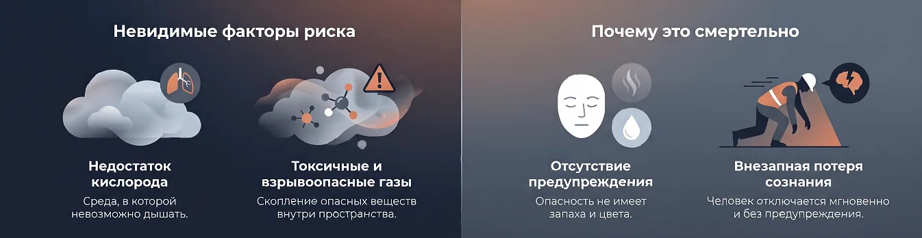 Невидимые факторы риска: недостаток кислорода, токсичные и взрывоопасные газы; почему это смертельно: отсутствие предупреждения (нет запаха и цвета), внезапная потеря сознания