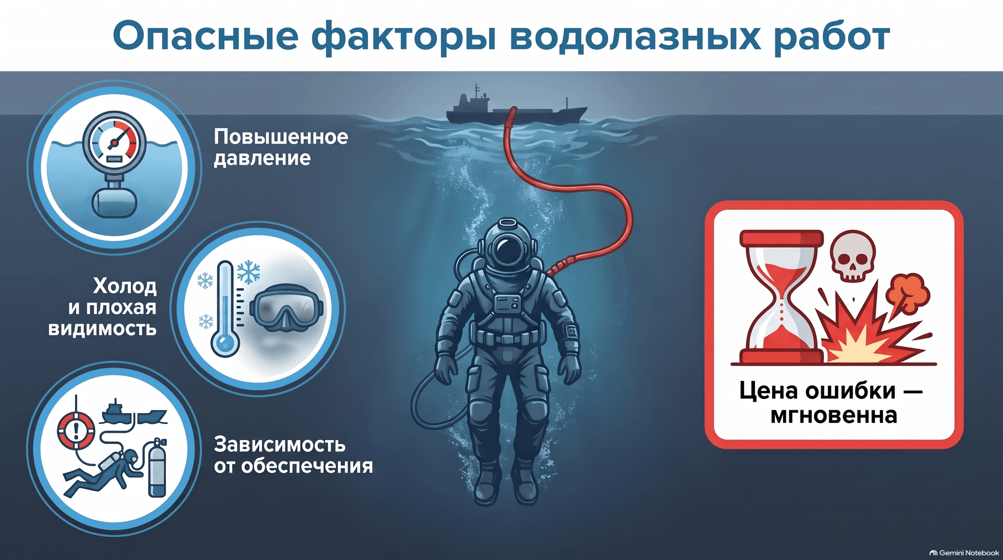 Опасные факторы водолазных работ: повышенное давление, холод и плохая видимость, зависимость от обеспечения, цена ошибки — мгновенна