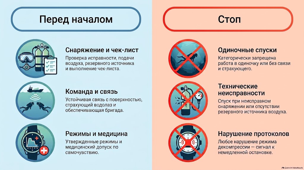 Безопасность водолазных работ: перед началом — снаряжение и чек-лист, команда и связь, режимы и медицина; стоп — одиночные спуски, технические неисправности, нарушение протоколов