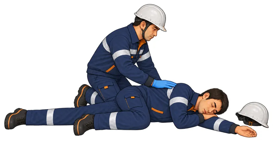 Работник придаёт пострадавшему без сознания устойчивое боковое положение