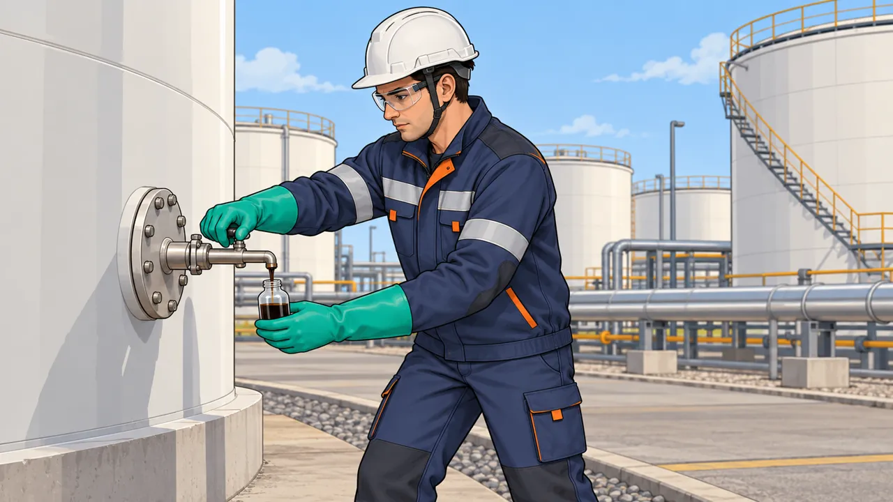 Работник в одежде от нефти и нефтепродуктов на нефтебазе