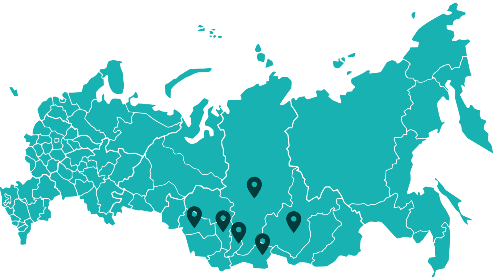 Карта регионов присутствия розничной сети: Красноярский край, Хакасия, Тыва, Кемеровская и Иркутская области, Новосибирская область