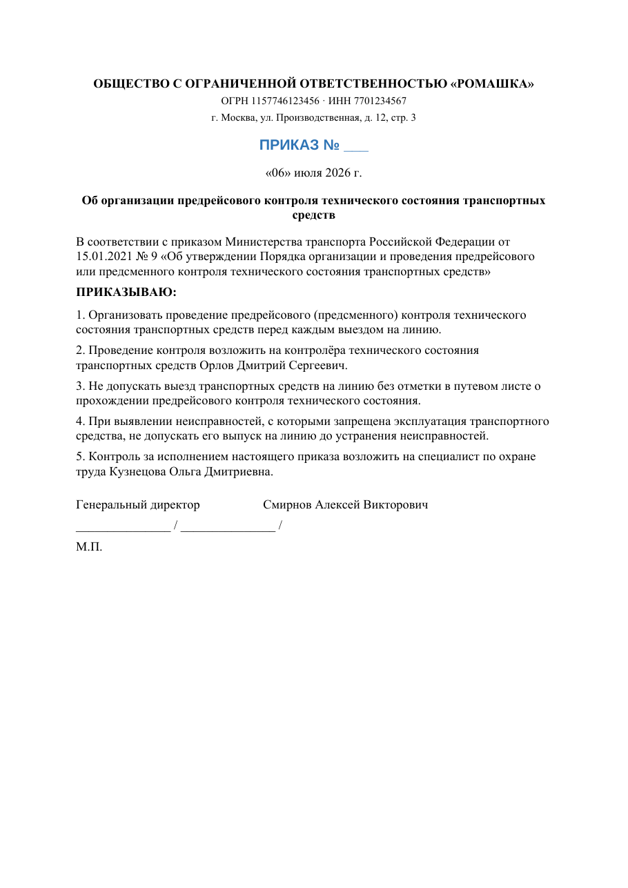 Образец документа: Приказ о предрейсовом контроле техсостояния