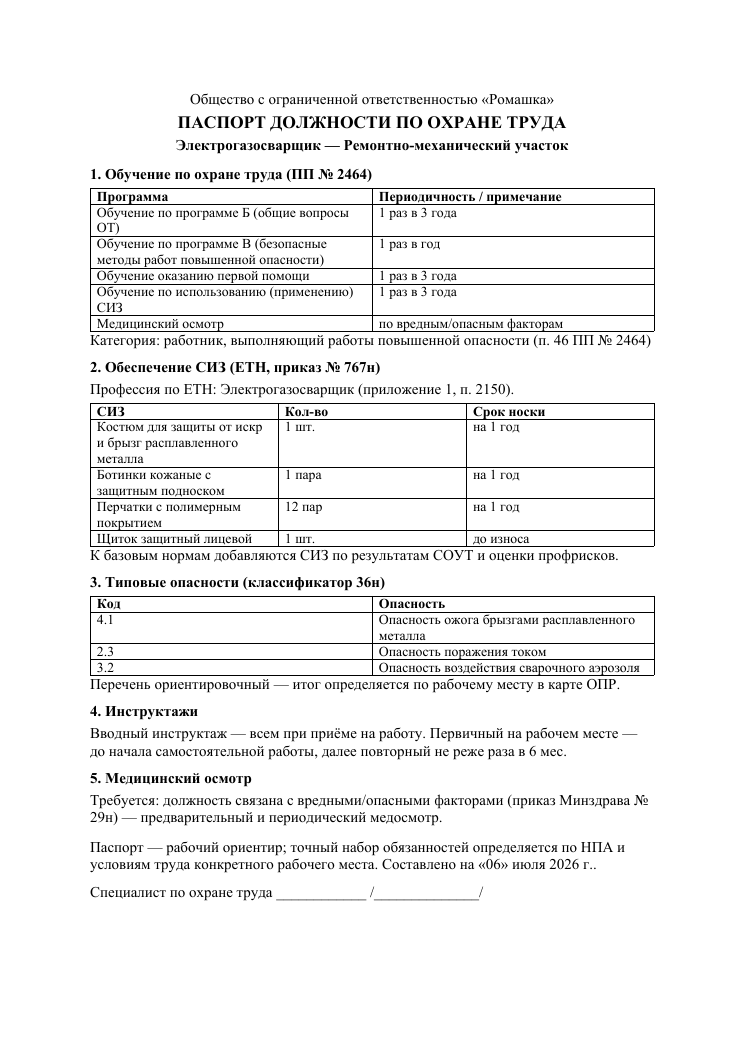 Образец документа: Паспорт должности по охране труда