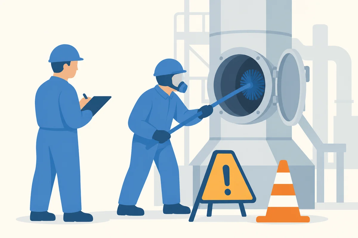 Очистка промышленного газохода: работник в СИЗ очищает воздуховод, наблюдающий контролирует безопасность